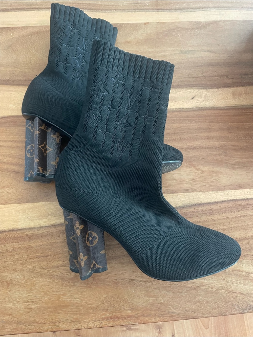 Louis Vuitton Black Knit Sock Ankle Boots with Monogram Block Heel